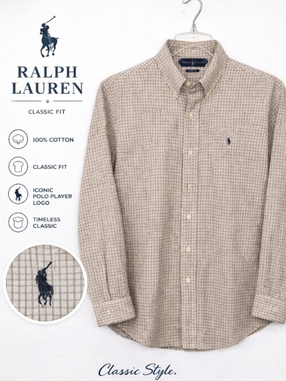 Ralph Lauren Tan Beige Gray Check Plaid Classic Fit Button-Down Shirt XL Cotton